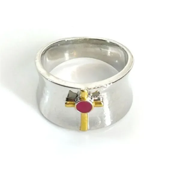 Gold Christian Cross Ring 9 Shiny Silver Wide Band Ruby Accent Two Tone NEW - Picture 4 of 5
